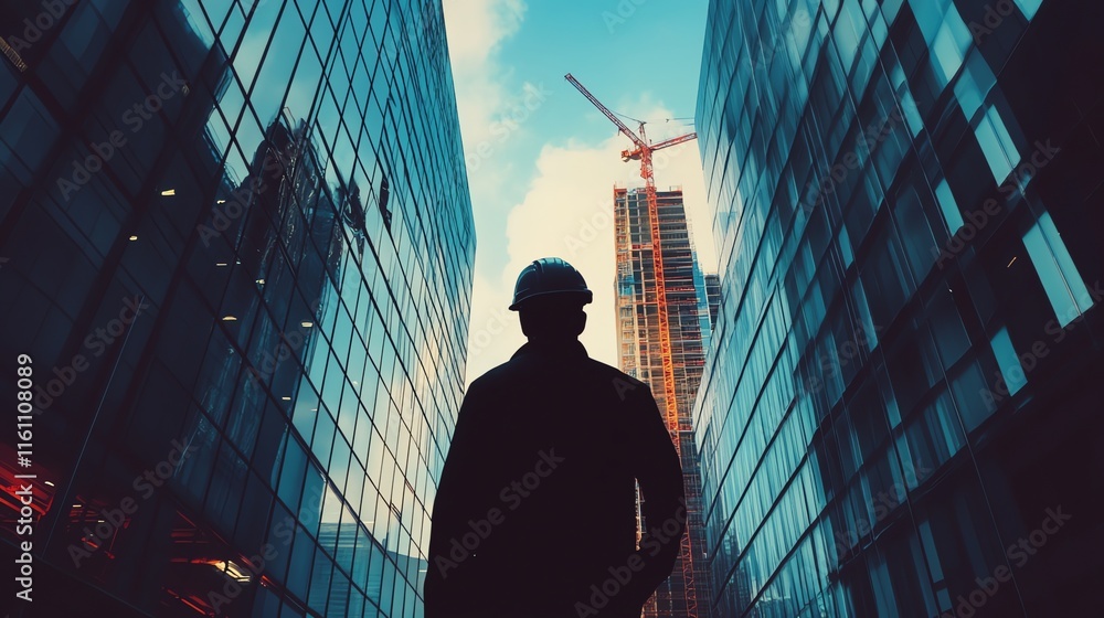 Fototapeta premium Construction Worker Silhouetted at Sunset