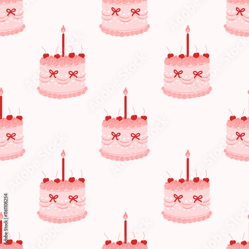 Seamless pattern of coquette cake decorated with cream, red bow, cherry berry, beads. Background with vintage sweet cake for wedding or birthday, valentine day