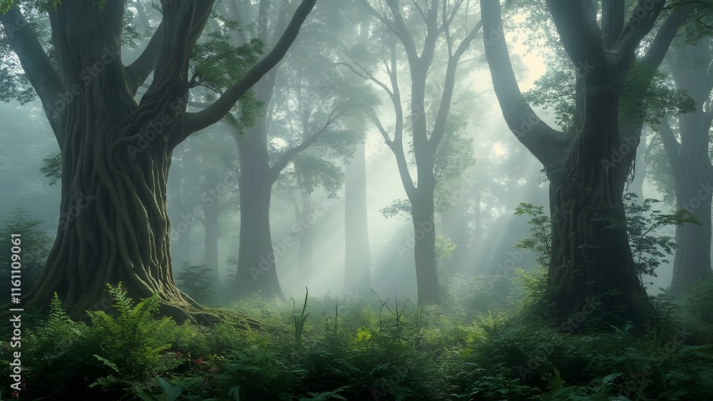 Fototapeta premium Misty Enchantment, Majestic Forest with Towering Trees and Lush Undergrowth