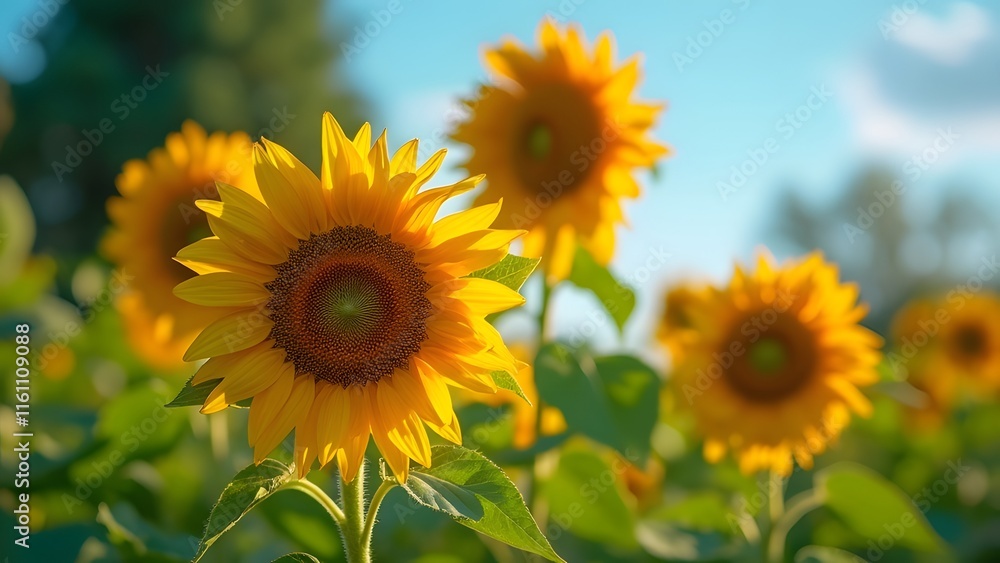 Vibrant Sunflowers in Soft Focus, Exquisite Detail of Mature Golden Petals Against a Clear Blue Summer Sky Vibrant Sunflowers in Soft Focus, Exquisite Detail of Mature Golden Petals Against a Clear Blue Summer Sky