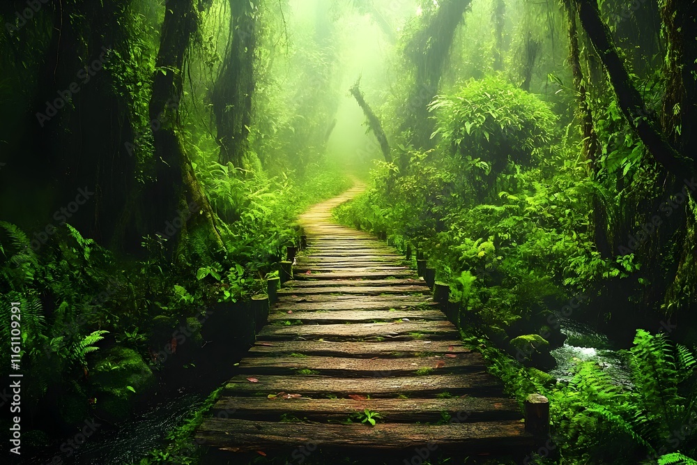 Mystical Jungle Path: A winding wooden path leads through a dense and misty rainforest, inviting exploration and discovery. Mystical Jungle Path: A winding wooden path leads through a dense and misty rainforest, inviting exploration and discovery.