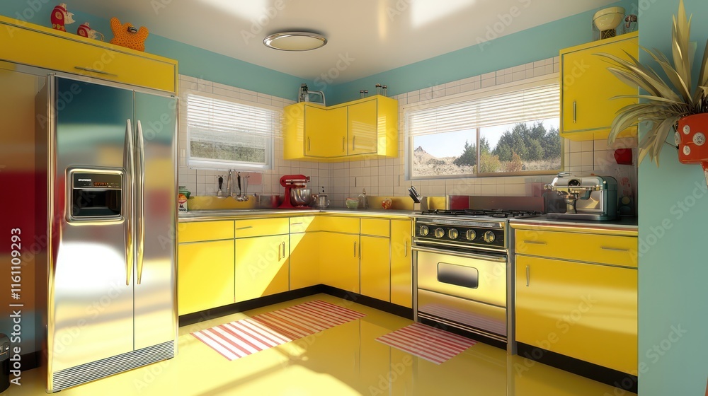 A colorful retro kitchen with sunny yellow cabinets, chrome appliances, and retro diner-style flooring A colorful retro kitchen with sunny yellow cabinets, chrome appliances, and retro diner-style flooring