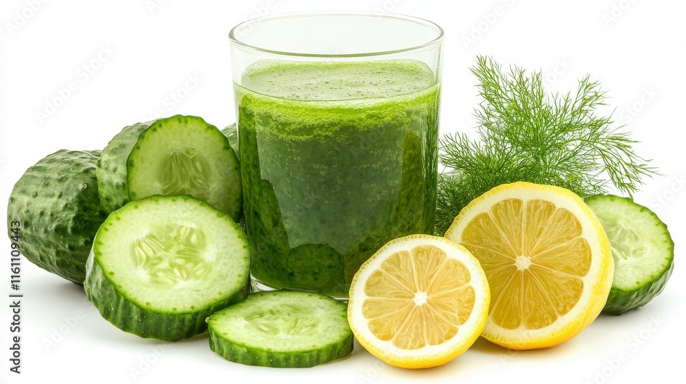 Refreshing Green Juice with Lemon and Cucumber on White Background Refreshing Green Juice with Lemon and Cucumber on White Background