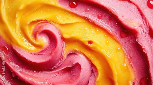 colorful swirl of mango and raspberry sorbet with droplets glistening under soft lighting