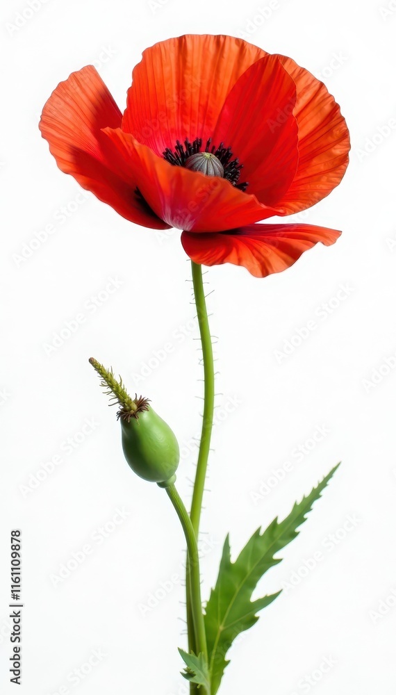 Single vibrant red poppy, petals unfurled, white background, flora, plant Single vibrant red poppy, petals unfurled, white background, flora, plant