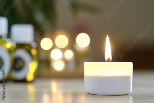 close-up of single white candle flame glowing softly with blurred aromatherapy oils in background photo