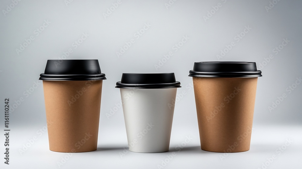 Three Takeaway Coffee Cups with Black Lids, Brown and White Three Takeaway Coffee Cups with Black Lids, Brown and White