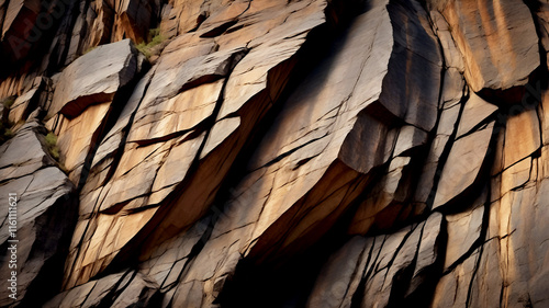 Rugged rock face, jagged cliff texture, dark brown stone, weathered geological formations, harsh rocky terrain, natural rock patterns, rough surface detail, craggy mountain close-up, earthy tones photo