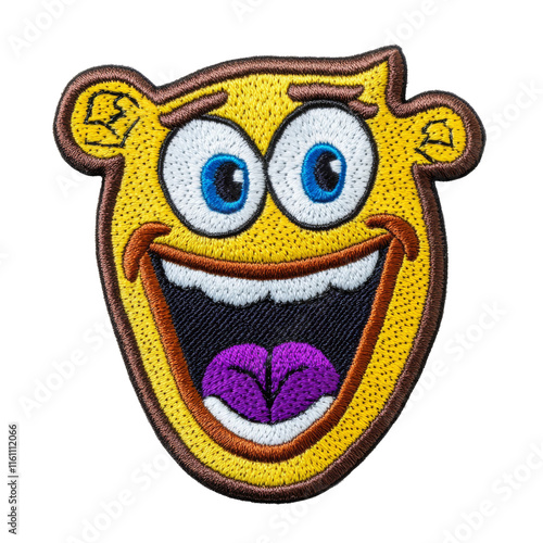 A colorful, embroidered patch featuring a smiling cartoon face with large blue eyes and a wide grin. photo