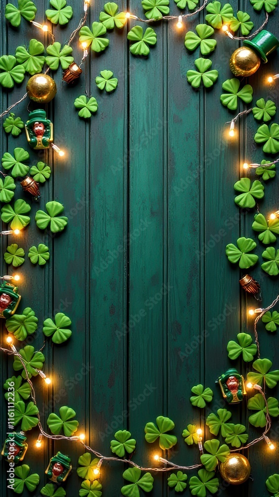 Festive st. patrick's day celebration background with green clovers and string lights Festive st. patrick's day celebration background with green clovers and string lights