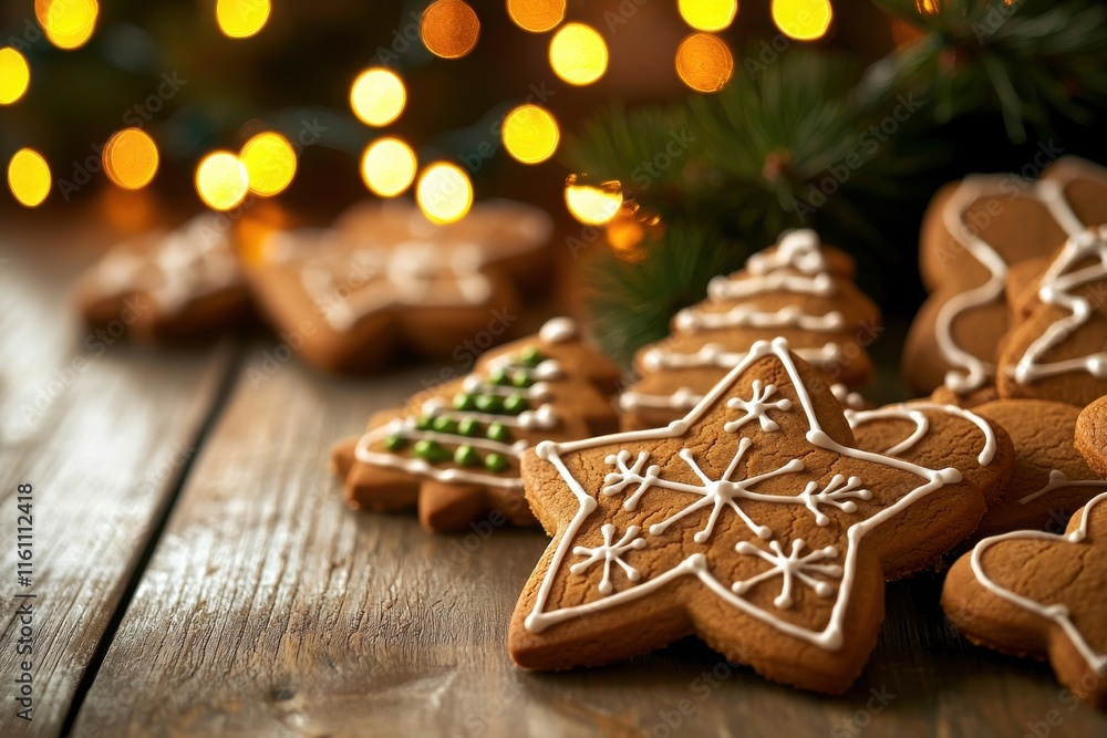 Gingerbread cookies decorated for the festive season on a wooden table. Gingerbread cookies decorated for the festive season on a wooden table.