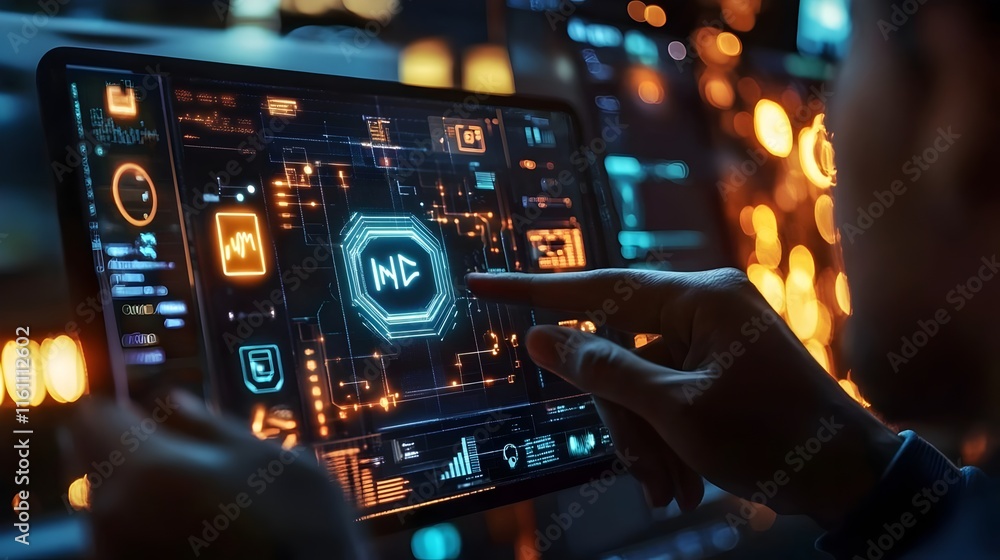 futuristic hand interacting with a glowing holographic interface on a high-tech screen, Intuist.ai CRM functionali. Human-Machine Interaction and Futuristic Interface Design. futuristic technology in futuristic hand interacting with a glowing holographic interface on a high-tech screen, Intuist.ai CRM functionali. Human-Machine Interaction and Futuristic Interface Design. futuristic technology in