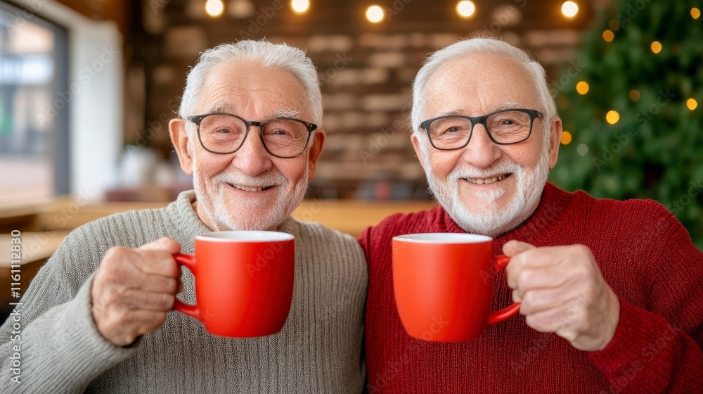 Joyful elderly men smiling with red mugs in cozy coffee shop Joyful elderly men smiling with red mugs in cozy coffee shop