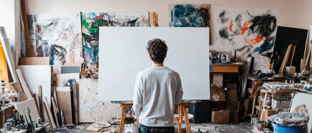 A person stands before a blank canvas in a creative studio filled with colorful artworks and art supplies. A person stands before a blank canvas in a creative studio filled with colorful artworks and art supplies.