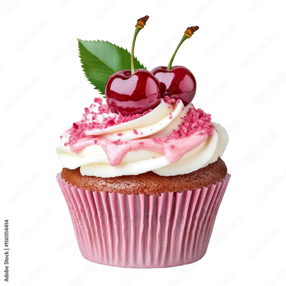 A delicious cupcake topped with swirls of frosting, pink sprinkles, and two glossy cherries, adorned with fresh green leaves. A delicious cupcake topped with swirls of frosting, pink sprinkles, and two glossy cherries, adorned with fresh green leaves.