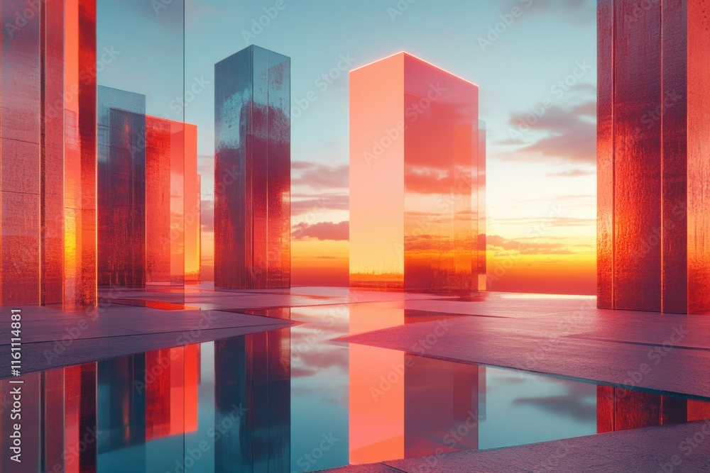 Surreal floating geometric structures reflecting over calm waters at sunset digital art futuristic environment high-fidelity visuals Surreal floating geometric structures reflecting over calm waters at sunset digital art futuristic environment high-fidelity visuals