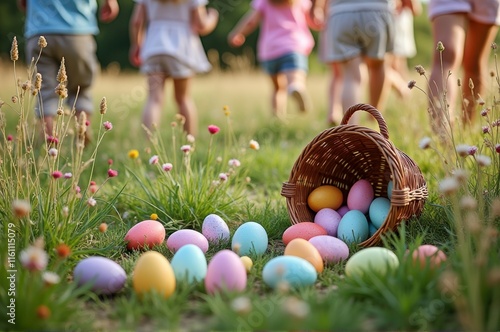 Colorful easter egg hunt with children in a sunny field