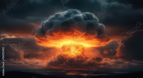 A dramatic depiction of a nuclear explosion with fiery clouds and ominous skies. photo