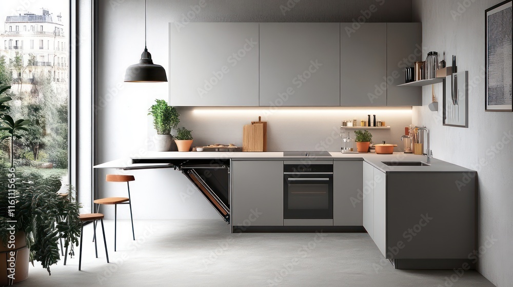 Fototapeta premium A compact urban kitchen featuring a foldable island, bright walls, and clean, seamless cabinetry