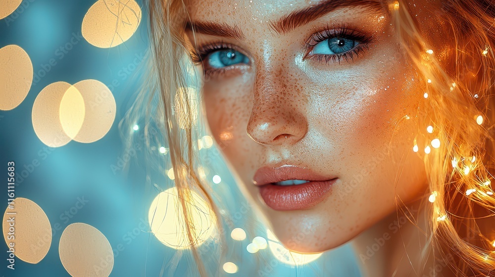 Close-up portrait of a woman showcasing flawless makeup and glowing skin in soft lighting Close-up portrait of a woman showcasing flawless makeup and glowing skin in soft lighting