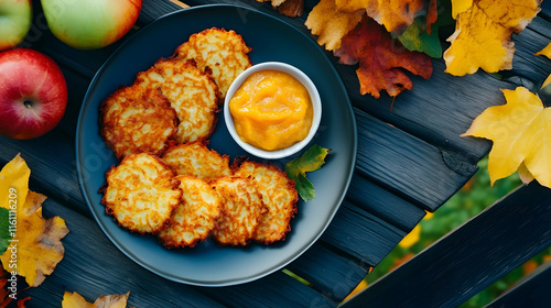 Crispy latkes on a dark plate with apple sauce and vibrant fall leaves photo