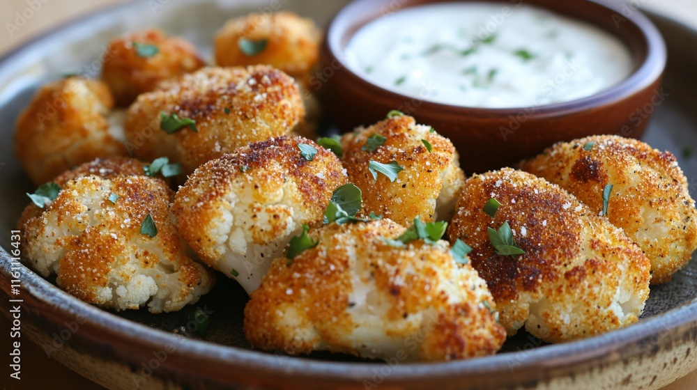 A close up of golden cauliflower wings arranged on a rustic plate with a small bowl of ranch dressing A close up of golden cauliflower wings arranged on a rustic plate with a small bowl of ranch dressing