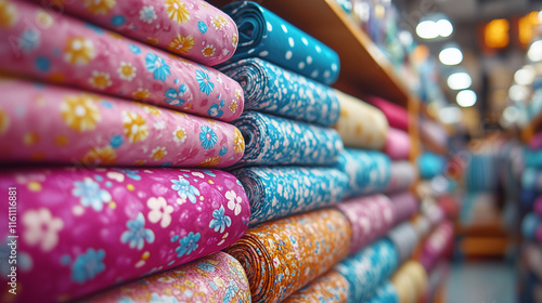 Colorful Fabric Rolls with Floral Patterns Displayed in Textile Store
