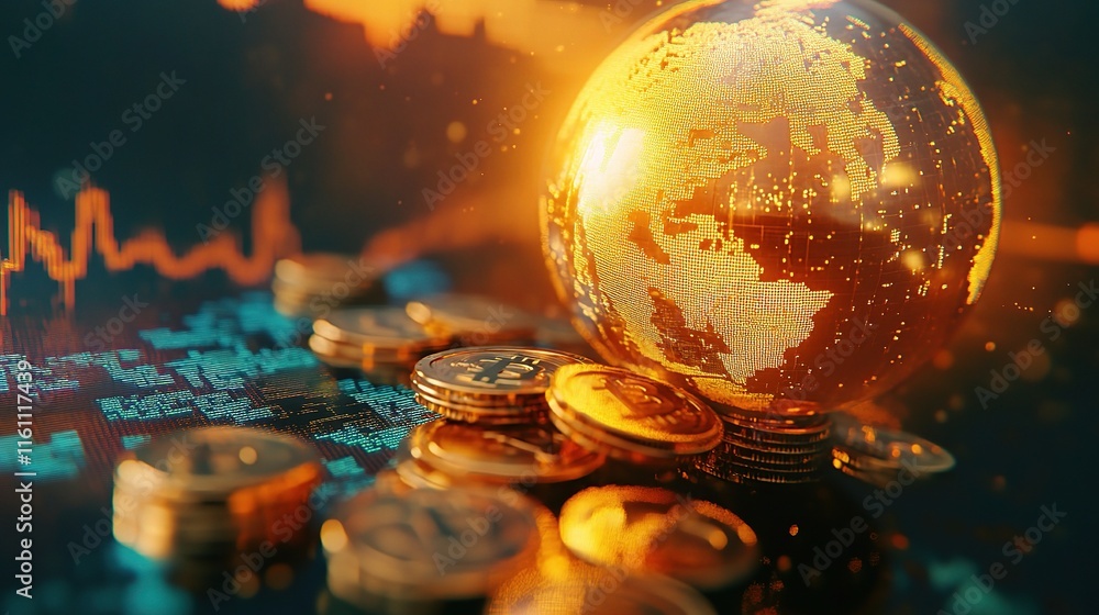 Golden Globe and Coins Representing Global Finance Concept Golden Globe and Coins Representing Global Finance Concept