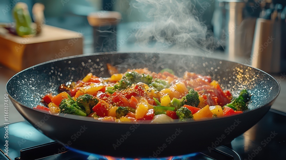 Cooking fresh vegetable stir-fry in a wok over high heat in a modern kitchen Cooking fresh vegetable stir-fry in a wok over high heat in a modern kitchen