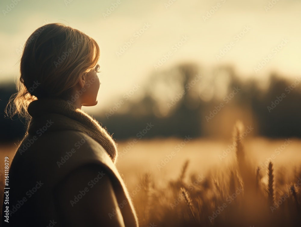 Serene Woman in Warm Sweater Gazes Thoughtfully into a Golden Wheat Field During a Peaceful Sunrise, Capturing the Essence of Tranquility and Nature's Beauty Serene Woman in Warm Sweater Gazes Thoughtfully into a Golden Wheat Field During a Peaceful Sunrise, Capturing the Essence of Tranquility and Nature's Beauty