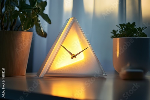 Illuminated triangular clock on a table, flanked by potted plants. Soft, warm light creates a calming atmosphere. photo