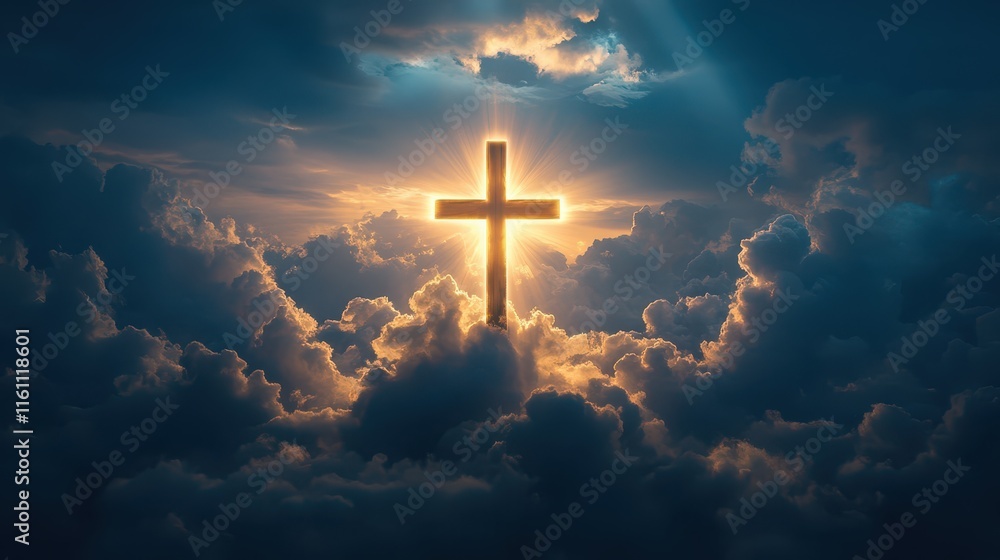 Fototapeta premium Illuminated cross in a dramatic sky above the clouds during twilight hours