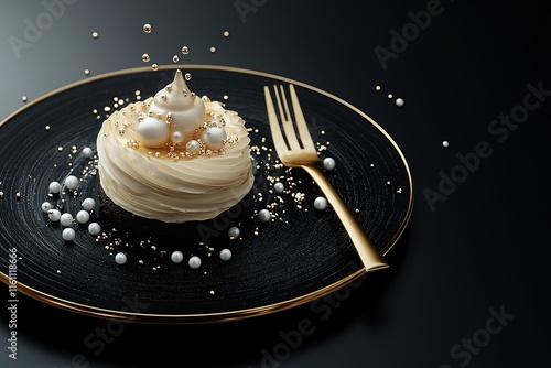 Elegant dessert on black plate with gold accents.  Whipped cream, pearls, and gold sprinkles create a luxurious look. photo