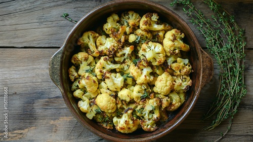 Cauliflower au gratin in a weathered baking dish, placed on a rustic wooden table with sprigs of thyme