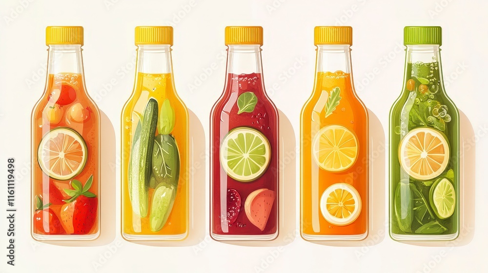 Colorful Bottles of Fresh Juices and Smoothies on Light Background Colorful Bottles of Fresh Juices and Smoothies on Light Background