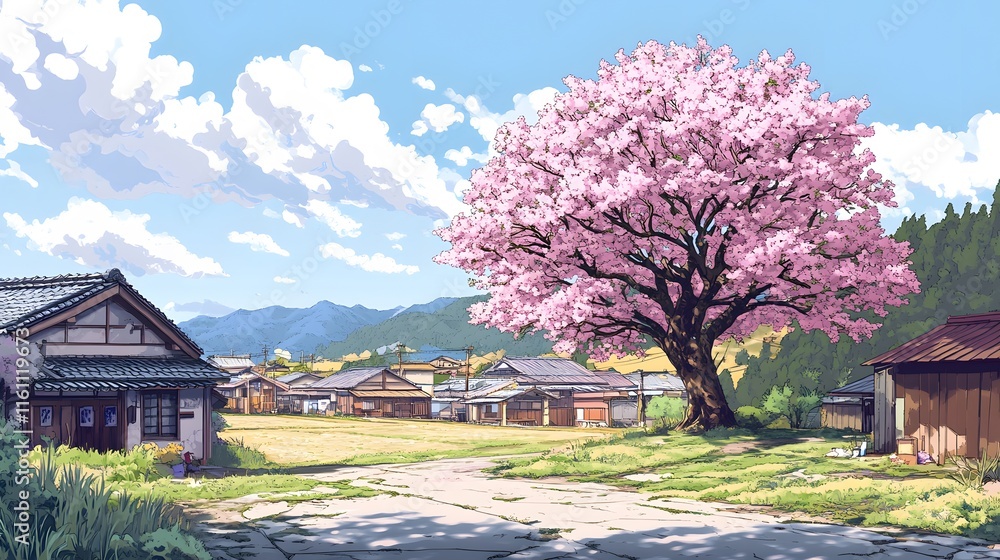 A magnificent and beautiful cherry blossom tree standing alone, with a peaceful and beautiful view of a Japanese village A magnificent and beautiful cherry blossom tree standing alone, with a peaceful and beautiful view of a Japanese village