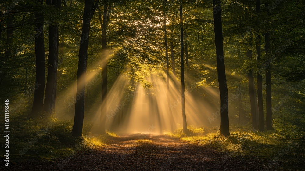Obraz premium Mystical twilight in a serene forest with soft rays of light illuminating the path