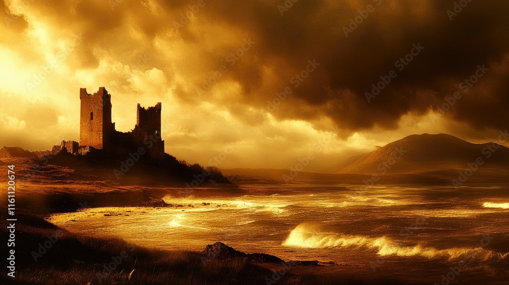 Fototapeta premium Dramatic sunset over coastal castle ruins.