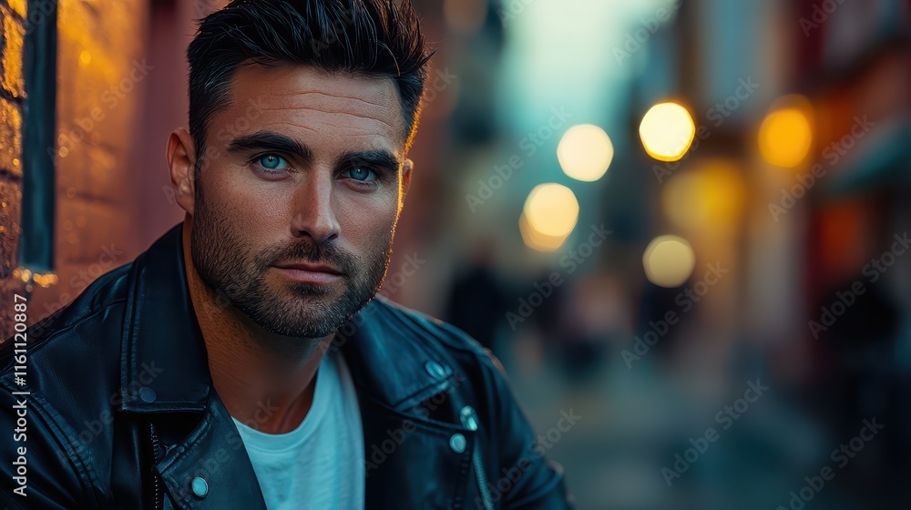 Portrait of a man in a leather jacket with urban backdrop during twilight hours Portrait of a man in a leather jacket with urban backdrop during twilight hours