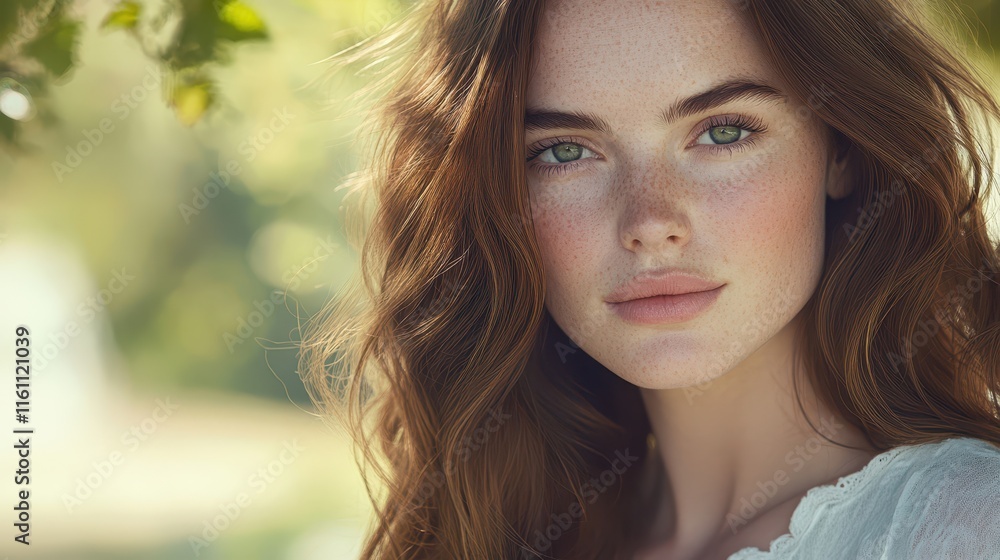 Portrait of a woman with deep green eyes in a sunlit outdoor setting during an afternoon Portrait of a woman with deep green eyes in a sunlit outdoor setting during an afternoon