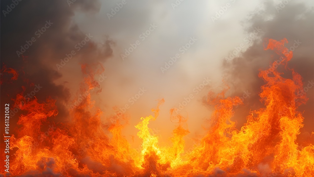Fiery Inferno, Intense Vibrant Flames Against a Stormy Sky - Dramatic Fire Background Image Fiery Inferno, Intense Vibrant Flames Against a Stormy Sky - Dramatic Fire Background Image