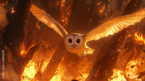 Barn Owl's Fiery Flight: A Digital Painting of a barn owl soaring through a burning forest, showcasing vibrant colors and intense details. photo