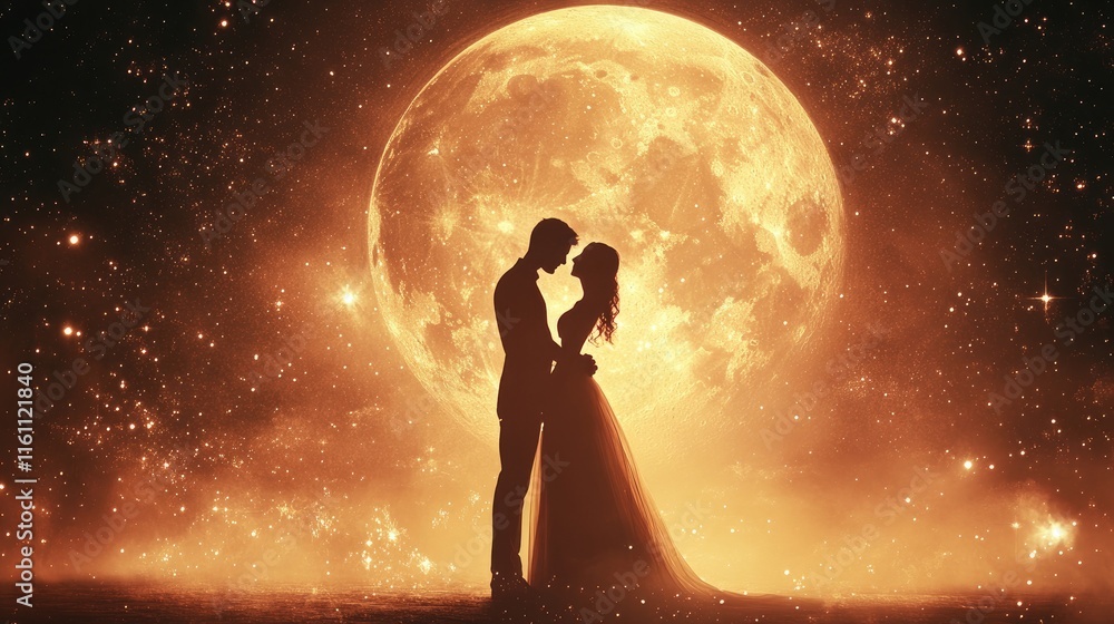Silhouetted Couple Embraces Underneath A Giant Moon Silhouetted Couple Embraces Underneath A Giant Moon