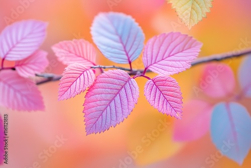 Delicate pink and blue leaves on a branch, bathed in soft autumn light.  A serene and colorful nature scene.
