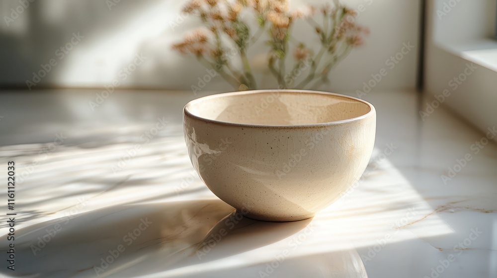 Simple white ceramic cup on marble surface with soft natural light in a calm setting Simple white ceramic cup on marble surface with soft natural light in a calm setting