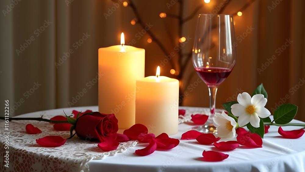 Romantic Candlelit Dinner Setting, Rose Petals, Wine, and Candles on Lace Tablecloth Romantic Candlelit Dinner Setting, Rose Petals, Wine, and Candles on Lace Tablecloth