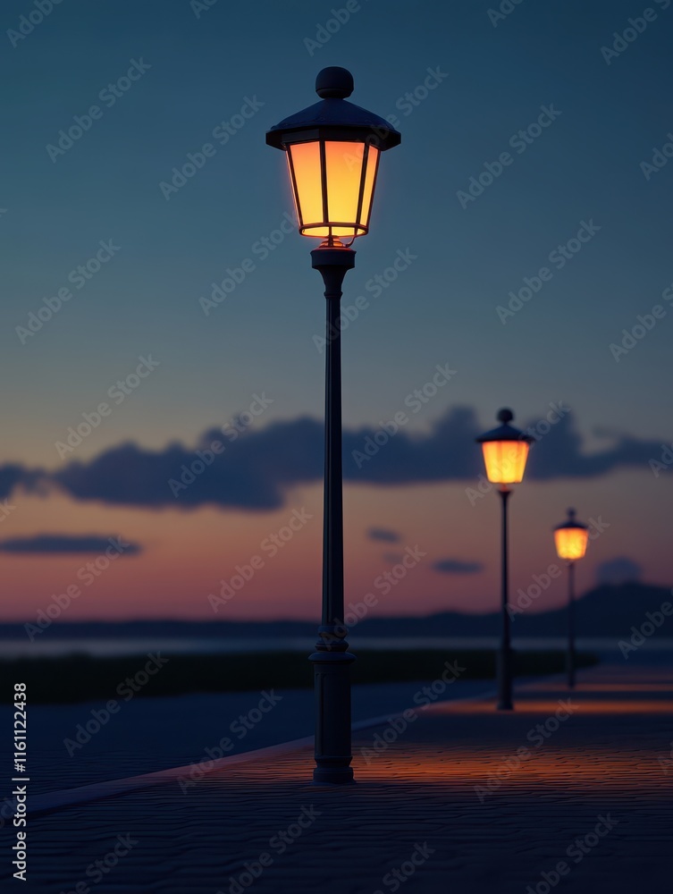 Charming street lamp illumination at dusk enhances tranquil waterfront ambiance Charming street lamp illumination at dusk enhances tranquil waterfront ambiance