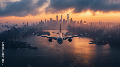 Stunning sunset view of an airplane at a New York airport with city skyline in the background © ArtCookStudio