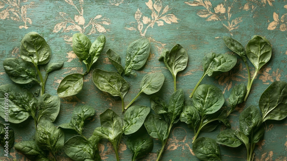 Obraz premium Fresh Spinach Leaves on Vintage Styled Background with Floral Pattern