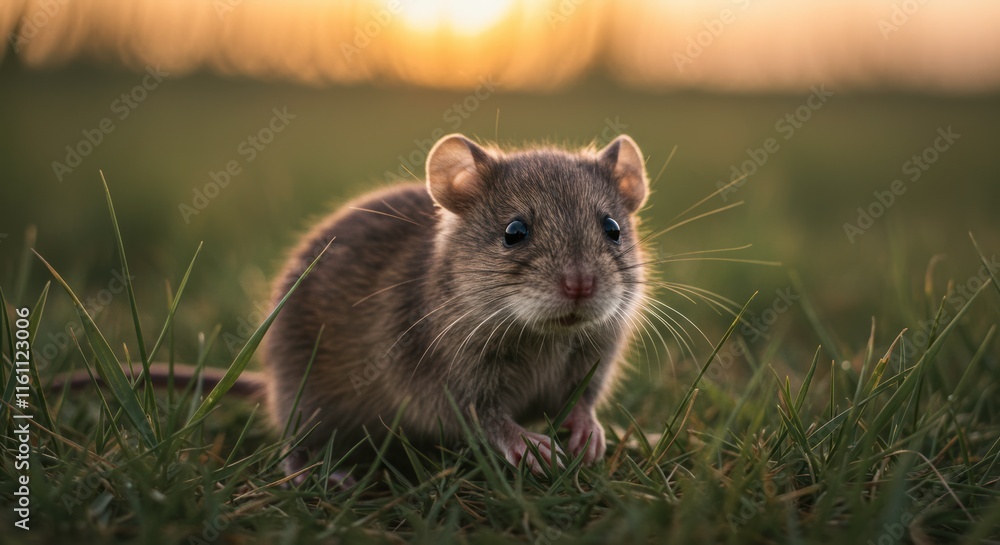 Tiny Paws, Big Heart: A close-up portrait of a curious little mouse, captured in a serene grassy field against a backdrop of a warm sunset. The image evokes feelings of wonder, fragility. Tiny Paws, Big Heart: A close-up portrait of a curious little mouse, captured in a serene grassy field against a backdrop of a warm sunset. The image evokes feelings of wonder, fragility.